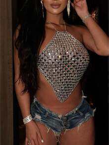 Halter Tops For Women Metal Chain Sequinned Reinstone Halter Tank Top Asymetrical Hem SleevelessOpen Back Vest Going Out Crop Top For Party Streetwear - 銀色 - 查看 1