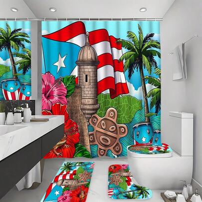 1/4 件套创意波多黎各独立日浴帘套装，包含 12 个挂钩、防滑浴室垫、U 型马桶垫、马桶座套、浴室装饰和浴室浴帘套装