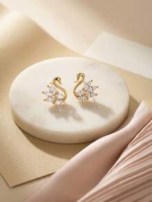 BALMORA 1pair Minimalist S925 Sterling Silver Cute Swan Stud Earrings, Animal Earrings, Daily Accessory Gift - Gold - View 4