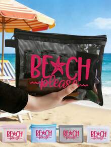 Túi đựng mỹ phẩm cỡ lớn, họa tiết chữ cái, túi đi biển, túi lưới in họa tiết. - Nhiều màu - Xem 1