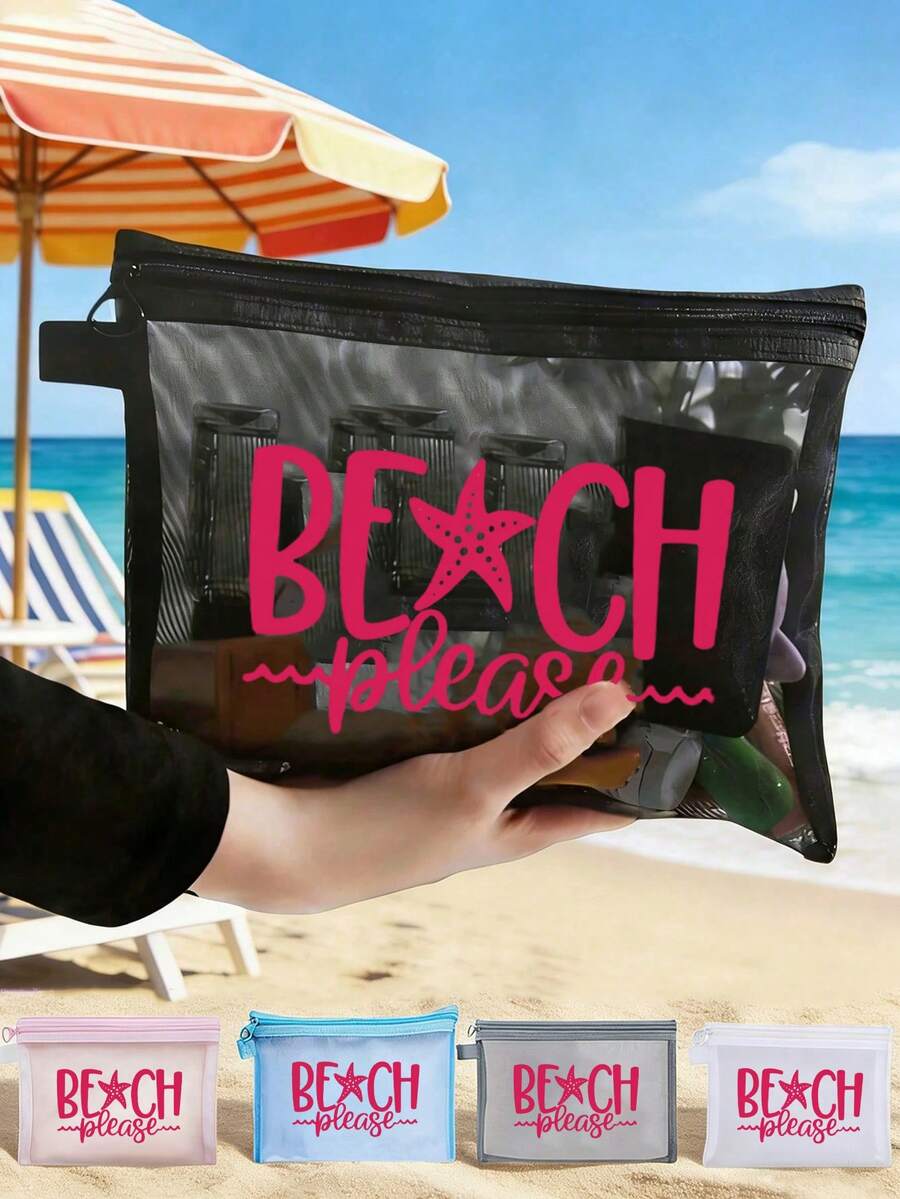 Túi đựng mỹ phẩm cỡ lớn, họa tiết chữ cái, túi đi biển, túi lưới in họa tiết. - Nhiều màu - Xem 1