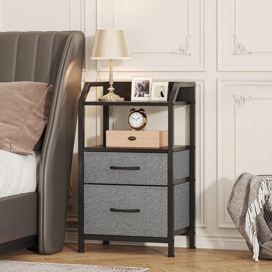 Compact 2-Drawer Fabric Bedside Table With Open Shelf | Metal Frame & Wooden Top, Space-Saving Nightstand For Bedroom/Living Room, Modern Sofa End Table With Storage