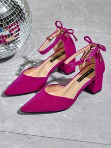 Women's Pointed Toe Suede Hollow Out Bowknot Chunky Heel Pumps, Versatile For Daily, Work, Business, Black, Plus Size,Mothers Day Gift - Hot Pink - View 4