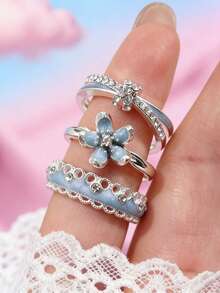 Bộ 3 nhẫn hoa tráng men Zirconia Dopamine màu xanh dương, bộ nhẫn mùa xuân ngọt ngào lãng mạn. - Nhiều màu - Xem 2