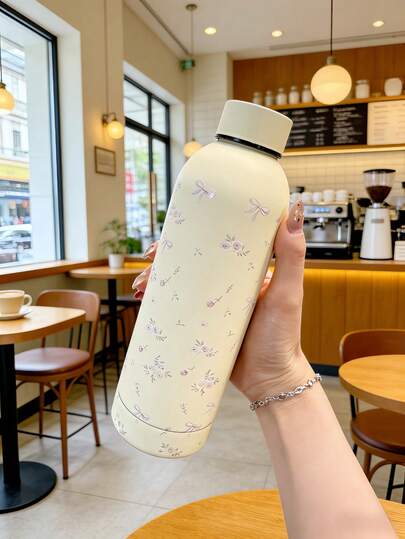 1pc Bow Rose Floral Series Insulated Water Bottle, Double Wall Stainless Steel Cup, Vacuum Flask, Travel & Outdoor Sports Mug, Coffee Cup, Flat Bottom Cup, Car Cup, Suitable For All Seasons, Graduation, Travel, Camping, Birthday, Dorm, Summer, Anniversary, Gift, Living Room, Kitchen Essential, 500ML/17oz, Flower, Rose, Design