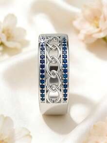 1枚时尚简约日常链条设计微镶嵌圆形合成锆石戒指，男士休闲饰品，适合作为情人节、感恩节、圣诞节、新年礼物 - 藍色 - 查看 2