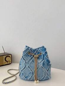 New Fashion Classic All-Match Solid Color Diamond Lattice Raw Edge Metal Drawstring Opening And Closing Design Shoulder Bucket Bag, Elegant Women's Wallet, Suitable For Shopping, Commuting To Work, Party GatheringsRandom Embroidery Patterns - Blue - View 2