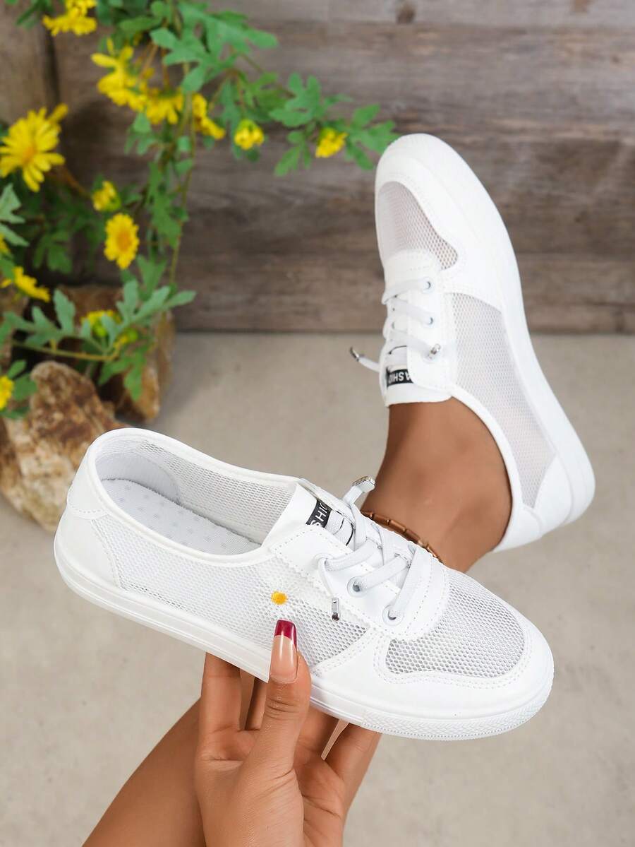 Women's Summer Mesh Slip-On Sneakers, Single Layer Breathable White Casual Sport Flat Shoes - Yellow - View 1