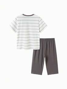 Balabala Bộ đồ ngủ ngắn tay và quần short kẻ sọc cho bé trai tuổi teen, chất liệu nhẹ, thoáng khí, nhanh khô, thích hợp cho mùa xuân/hè. - tông màu xám - Xem 2