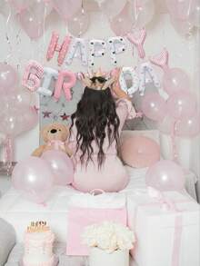28pcs Pink Printed Birthday Set, Includes Birthday Banner, Pink Latex Balloons, Suitable For Birthday Party, Princess Birthday, Birthday Decor, Pink Bow Birthday - Pink - View 6
