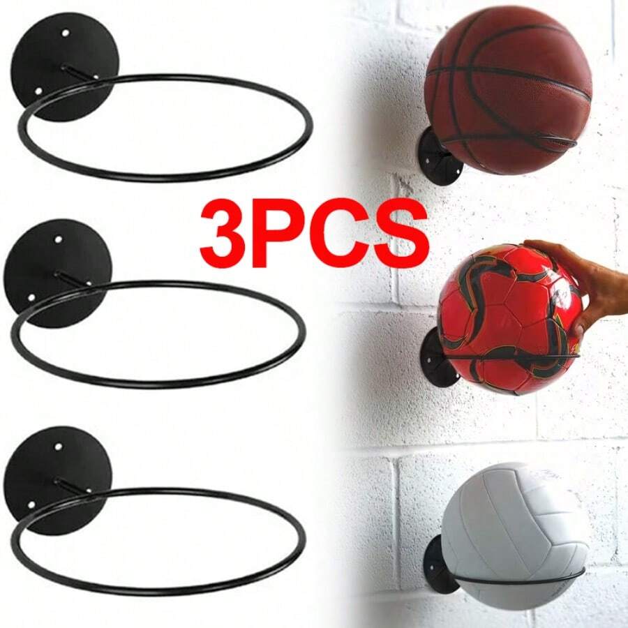 Wall-Mounted Football/Soccer/Basketball Holder – Metal Storage Rack 3PCS - Black - View 1