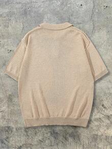 ANDREILEE 春夏男女通用休闲街头风商务通勤约会轻薄简约宽松 Polo 领翻领纽扣半门襟短袖常规针织衫，杏色 - 杏色 - 查看 3