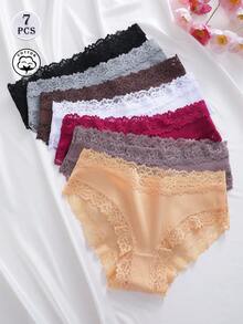 7 piezas de bragas triangulares de mujer de unicolor, algodón, encaje, patchwork, acanaladas, sexy, románticas, cómodas y de cintura baja - Multicolor - Ver 4