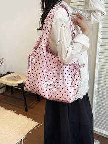 Casual Drawstring Bowknot Shoulder Bag, Polka Dot Pattern Handbag, Crescent Shoulder Bag, Pleated Casual Bag, Large Capacity Tote Bag, Outdoor Casual Bag, Commuter Bag - Pink - View 12