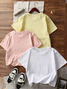 Bộ 3 áo thun nữ mùa hè cổ tròn tay ngắn, họa tiết sọc dọc và chữ in. - Hồng - Xem 9