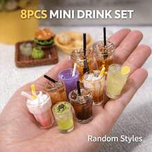 8pcs (Random Style) Mini Doll House Drink Cups, Suitable For Doll House Decor, Mini Tea/Milk Tea Cups With Lemon Straws, Random Cute Styles, Faux Pearl Milk Tea/Iced Tea Cups, Designed For Miniature Model Collectors, Can Be Used As Gifts - Multicolor - View 4