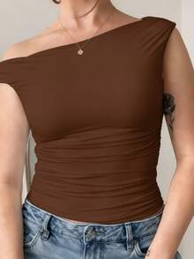 Women's Off-Shoulder Blouse, Blogger Style - Premium Supplex With Double Lining - Rust Brown - View 1