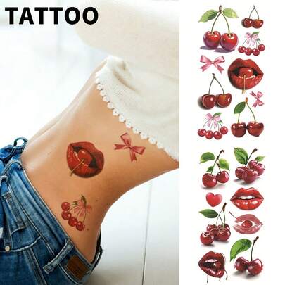 Pegatinas de tatuaje temporal a prueba de agua de labios de color rojo cereza, estampado de lazo rosa, patrón de llama roja vívida, accesorios de fiesta de frutas, tatuajes de arte corporal para el brazo para mujeres y hombres, aplicables al cuello, muñeca, cara, hombro, abdomen, pierna