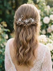 1pc Silver-Tone Faux Pearl & Rhinestone Decor Bridal Hair Clip, Floral U-Shaped Hair Accessory Suitable For Wedding And Party,Summer,Beach - Silver - View 4