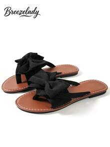 Breezelady Women's Flat Bow Thong Sandals, Elegant And Comfortable Flat Casual Beach Slippers For Summer - 黑色 - 查看 2