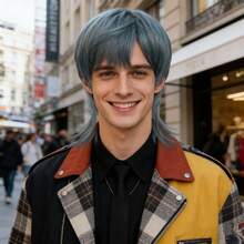 Short Layered Straight Ash Gray Blue Wolf Cut Bob Cosplay Wig With Bangs For Men Holiday Party Daily Wear, Heat Resistant Synthetic Hair For Anime Costume, Comic Con & Stage Performance - Multicolor - View 2