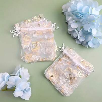 50pcs Butterfly Pattern Drawstring Bags - Gold Butterfly Floral Design, With Gold Floral Embroidery And Sequins - Transparent Jewelry, Candy And Party Favor Bags (3.93x4.72 Inches), Gift Packaging | Transparent Design | Sequin Details Wedding Party Favors, Jewelry Display Pouches, Elegant Bride Gift Bags, For Jewelry Storage, Candy Packaging, Dessert Decoration, Party Decoration, Suitable For Small Packaging Bags, Gift Packaging Bags, Candy Packaging Bags, Birthday Gifts, Wedding Gifts, Holiday Gifts, Back To School Gifts, Small Business Use