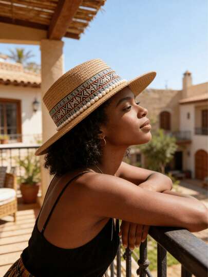 Straw Boater Hat For Women, Wide Brim Flat Top Sun Hat With Pearl Adjustable Summer Beach Cap