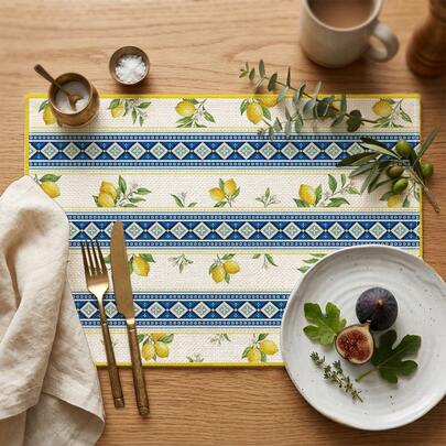 2/4/6/8件装柠檬印花长方形餐垫，适用于家庭、酒店、餐厅、节日庆典、宴会餐桌装饰