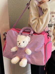 Large Capacity Multi-Functional Cute Plush Bear Decor Travel Bag, Colorblock Design With Built-In Wet & Dry Separation Compartment, Shoe Compartment, Suitable For Short Trips, Weekend Getaways, Gym/Yoga, Student Campus Use - Multicolor - View 15