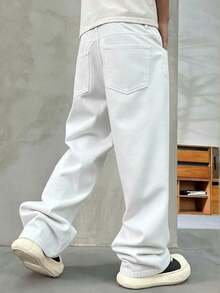 HEHCN 男士口袋宽松阔腿牛仔裤，黑色街头风休闲裤，适合送给丈夫或男友 - 白色 - 查看 4