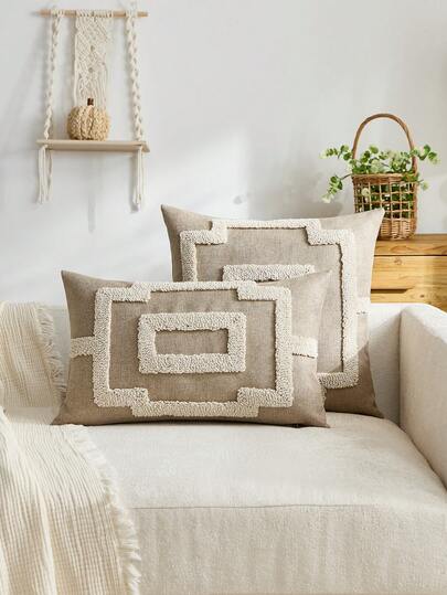 1pc Modern Minimalist Khaki Geometric Embroidery Throw Pillow Cover, Velvet Striped Pattern Cushion Cover, Suitable For Indoor Decor, All Season Pillow Sham, Pillow Insert Not Included