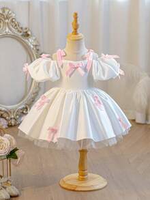 Baby Girls' Spaghetti Strap Bow Ruffle Sleeve Princess Dress, Suitable For Birthday Party, Flower Girl, Wedding, Prom, Holiday Celebration - White - View 2