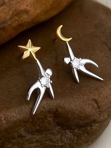 一对925纯银针星月锆石耳环，可爱星月小人儿耳环，适合女性日常佩戴，母亲节、感恩节、生日礼物 - 銀色 - 查看 3