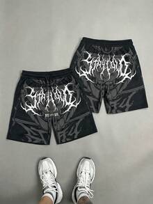 FRACTYR Men's Summer Casual Street Fashion Gradient Dark Metal Font Graphic Loose Breathable Printed Shorts - Black - View 4