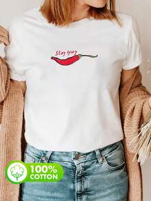 女士简约100%纯棉火红辣椒图案圆领短袖休闲春夏女式上衣，时尚百搭的白色优雅T恤，适合派对、度假、日常穿着。 - 白色 - 查看 5