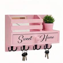 Sweet Home-Like Wood Key & Mail Organizer - Rustic Black Key Holder With Storage Drawer & 8 Hooks, Easy Peel-And-Stick Adhesive Wall Mount For Entryway, Hallway, Mudroom - Wood Cabinet-Free System - Pink - View 9