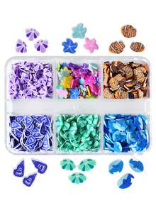 1盒海洋夏日风软粘土切片树脂模具，小丑鱼、鲨鱼、贝壳设计树脂工艺填充物，沙滩假日钥匙扣吊坠装饰品 - 彩色 - 查看 7