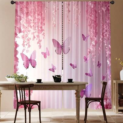 2片粉色花卉蝴蝶图案窗帘，杆袋式设计，保护隐私，适用于卧室、书房、客厅、阳台、工作室、宿舍、圆形窗户、家居装饰