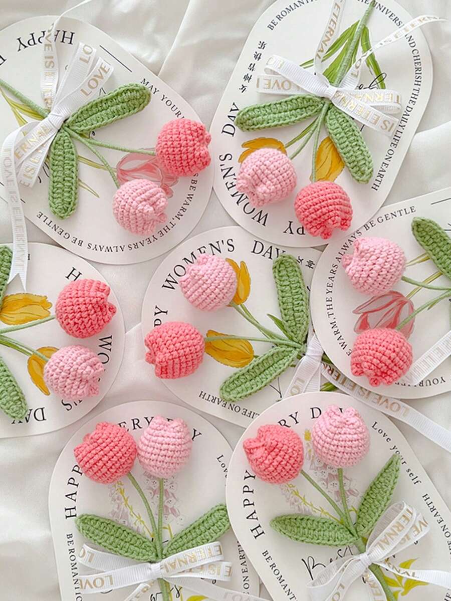 Bó hoa tulip móc thủ công, quà tặng Ngày của Mẹ, đồ thủ công bằng len, thiệp chúc mừng cho bạn bè - Hồng - Xem 1