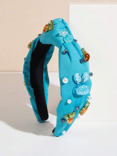 1pc Solid Color Fabric Knotted Top Knot Headband, Handcrafted With Gemstones And Pearls, Cute Rabbit And Carrot Decor, Suitable For Easter Party And Gift For Friends