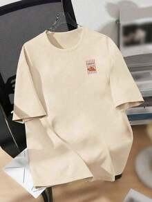 女士休闲短袖T恤，亮丽的羊角面包和条纹图案，圆领，春夏上衣，女士T恤，夏秋女装，女士外套，情人节女装，女士服装，节日服装 - 杏色 - 查看 10