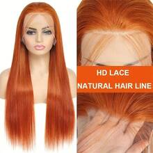 200% 密度 13x4 高清蕾丝前假发，真人前额发丝，预先拔毛，升级版耳到耳高清蕾丝前假发，真人混纺直发前额假发，#350 姜橙色 - S350 - 查看 7