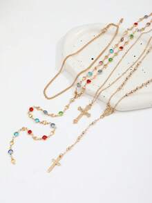 4pcs/Set Bohemian Style Crystal Cross Pendant Necklace, Tassel Long Necklace, Vacation Style, Unique Jewelry Gift Suitable For Daily Wear - Yellow Gold - View 3