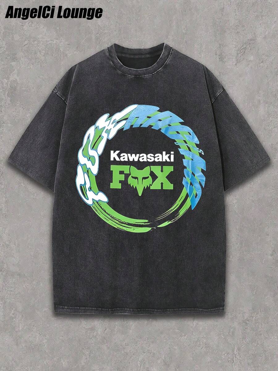 100% Pure Cotton Washed T-Shirt, Kawasaki Fox Racing Circle Swir Printed Pattern, Summer Short Sleeved, Comfortable, Soft And Breathable, Versatile T-Shirt Top - màu đen - Xem 1