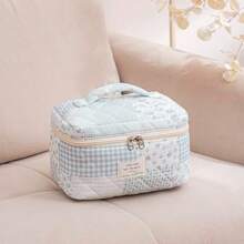 uekeboag - Bolsa de maquillaje acolchada de viaje grande para mujer bolsa de cosméticos de algodón floral bolsa organizadora de artículos de cambiador estética floral - azul Patchwork azul - Ver 3