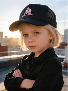 I Pc A-Z 粉色花朵字母儿童黑色网眼棒球帽透气户外防晒个性化帽子 - 黑色 - 查看 2