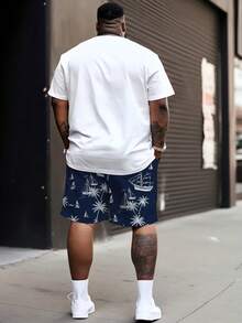 Plus Size Men's Casual Sports Set With "Vacation Sailboat Palm Tree" Pattern Design - Made Of Polyester Knit Fabric, Round Neck, Drawstring Shorts, Pockets, Regular Fit, Suitable For Plus Size - Dusty Blue - View 2