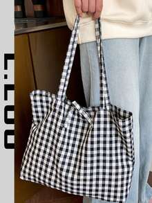 2026新款格子单肩包，女士复古尼龙多功能系带帆布包，大容量格子帆布包，学生单肩包，复古蝴蝶结手提包 - 黑色 - 查看 2