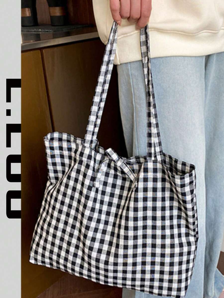 2026新款格子单肩包，女士复古尼龙多功能系带帆布包，大容量格子帆布包，学生单肩包，复古蝴蝶结手提包