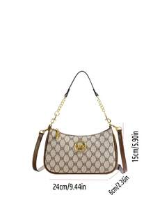 Tas bahu serbaguna klasik yang modis ini terbuat dari bahan PU tahan air, berwarna khaki, menampilkan pola berbentuk M, motif cetak, dan hiasan rantai logam. Tas bergaya Prancis ini sangat cocok untuk berbelanja, bekerja, dan bepergian. - Khaki - View 4